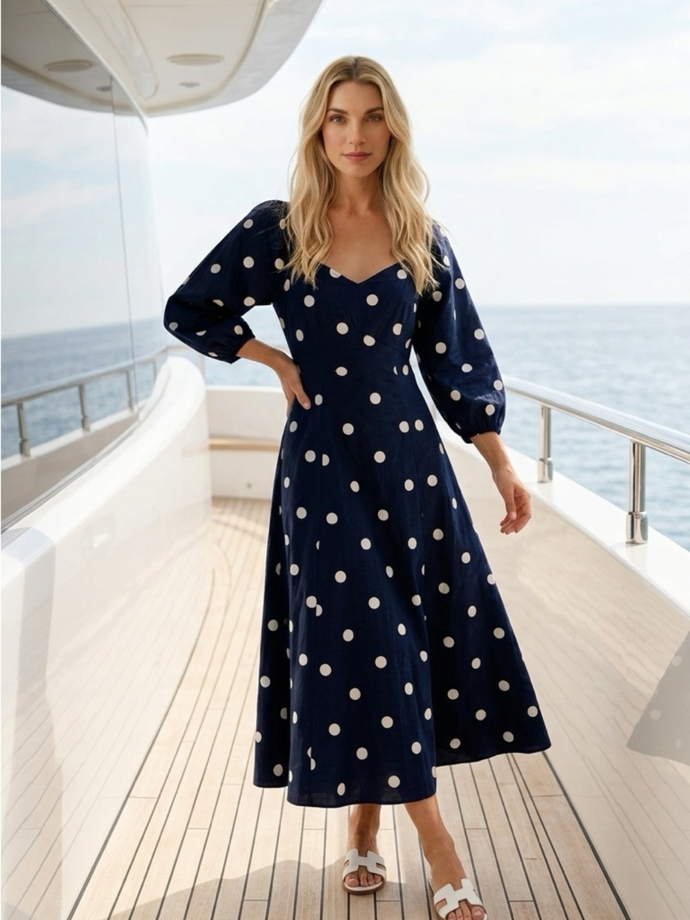 Navy Polka Dot Midi Dress with Puff Sleeves